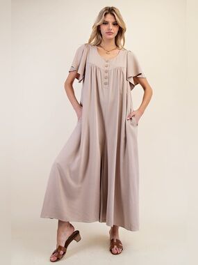 easel Beige Wide-Leg Jumpsuit with Button Front